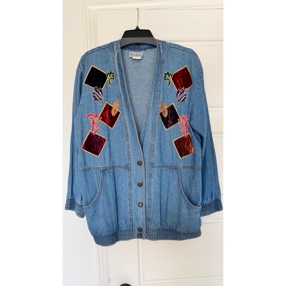 Vintage 80s 90s‎ Saint Germain Paris Denim Jacket Wearable Art Crush Velvet Sz S